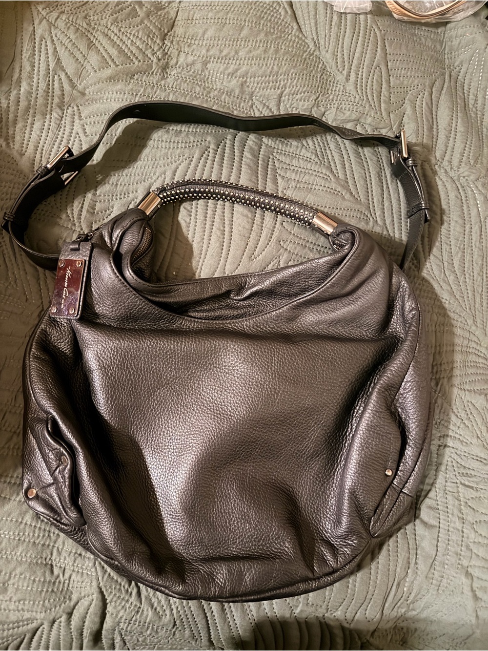 Kenneth Cole Black Pebbled Leather Hobo with Studded Handle